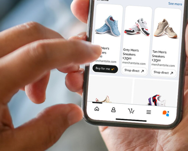 User selecting new Amazon "Buy for Me" feature on phone screen.