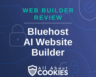 A blue background with locks and the text "Web Builder Review: Bluehost AI Website Builder"