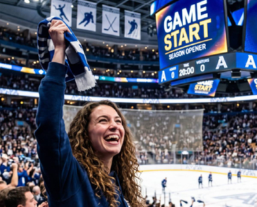 Woman cheering and waving a scarf at an indoor hockey game crowded arena