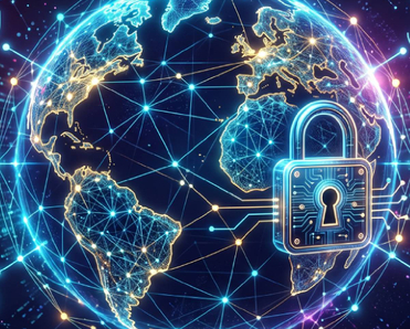 Global digital security network with earth as digital globe and servers with padlock