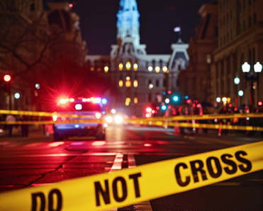 Philadelphia downtown at night building in background with police do not cross tape in foreground