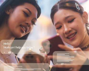 Two young asian women gen z friends using assistance ai chatbot browsing travel , shopping information on social media