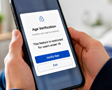Hands Holding a Smartphone, a Pop-Up Age Verification Window with Text Interface is Displayed on Screen for users under 16
