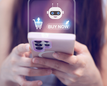 Person using a smartphone with AI shopping assistant and purchase interface.