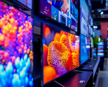 Shelves of TVs on display in a store.