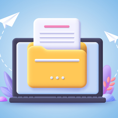 A brightly colored illustration of a yellow computer folder with a document tucked inside