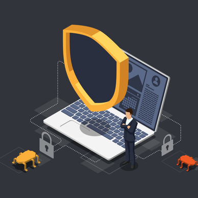 An illustration of an open laptop with a yellow and black shield floating above it while bugs try to attack it