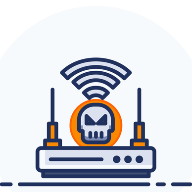 An illustration of a cartoon-style internet router with antennas pointed straight up and an evil looking skull perched on top to represent Wi-Fi hacking.