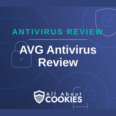 A blue background with images of locks and shields with the text &quot;AVG Antivirus Review&quot; and the All About Cookies logo. 