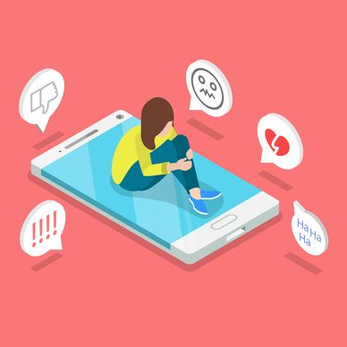 An illustration of negative social behaviors that include doxxing, or the sharing of personal information online.