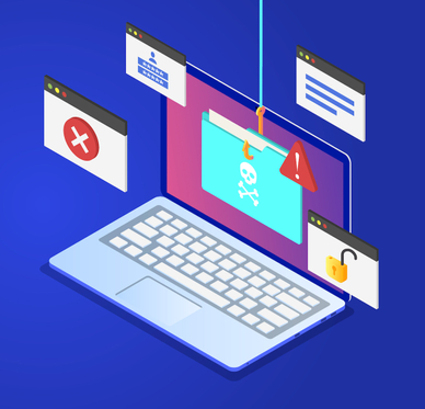 An illustration of a laptop with a pop-up ad displayed to represent a phishing attempt, which is a type of social engineering attack.