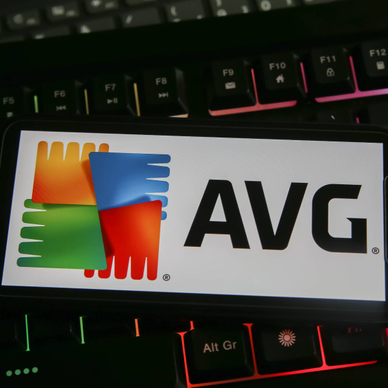 Close-up of a smartphone displaying the AVG AntiVirus logo.