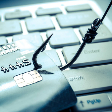 A credit card is captured with a fish hook on top of a laptop, indicating the card information is going to be stolen.