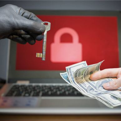 A laptop with a locked screen in the background and a hacker offering a key to unlock encrypted data for money in the foreground.