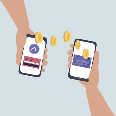 An illustration of two hands holding cell phones and coins floating between the two to represent an online exchange of money through an app like Venmo