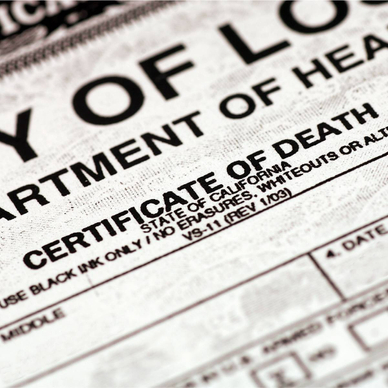 Close-up of a death certificate.