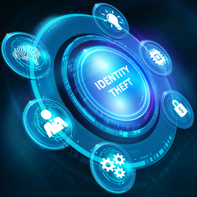 Blue neon circle with several little circle around with various images or setting engine wheels, lock and money, etc, and in the middle a button saying &quot;identity theft&quot;