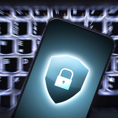 Blurry keyboard lit in the background and phone on top with security lock emblem on the screen