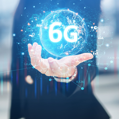 Hand open with floating globe with blue lights connecting and in the middle 6G