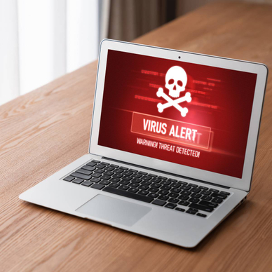 A virus warning alert on the screen of a Mac laptop.