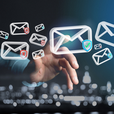 Hand choosing among many envelops with mail that have red x or a green check mark