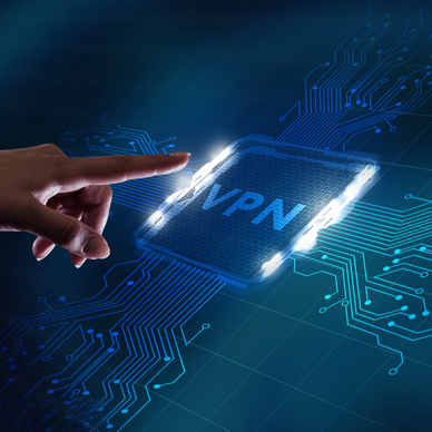 Blue digital wires and background with VPN in the center and a female hand coming towards it with pointing finger