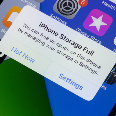 iPhone screen with a push notification about full storage