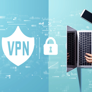 blue background with VPN shield a lock and a laptop