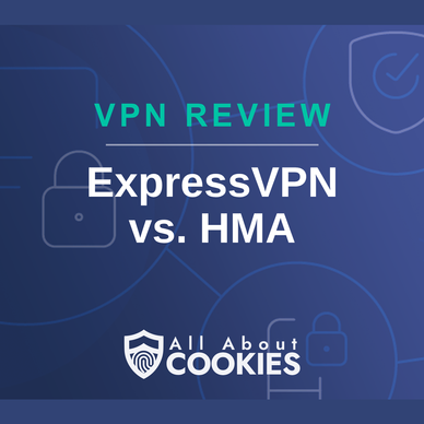 A blue background with images of locks and shields with the text &quot;ExpressVPN vs. HMA&quot; and the All About Cookies logo. 