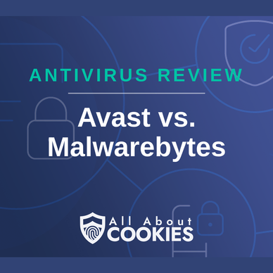 A blue background with images of locks and shields with the text &quot;Avast vs. Malwarebytes&quot; and the All About Cookies logo. 