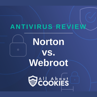 A blue background with images of locks and shields with the text &quot;Norton vs. Webroot&quot; and the All About Cookies logo. 