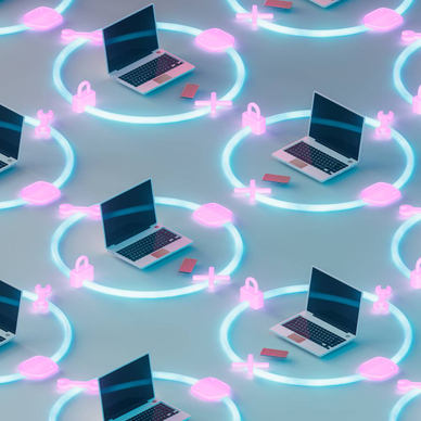 computers enclosed in glowing blue circles with pink lock symbols