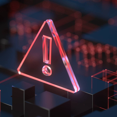 Abstract computer virus art, red exclamation mark in glowing red triangle.