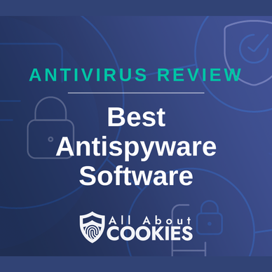 Blue background with text reading &quot;Antivirus Review Best Antispyware Software&quot; and the All About Cookies logo.