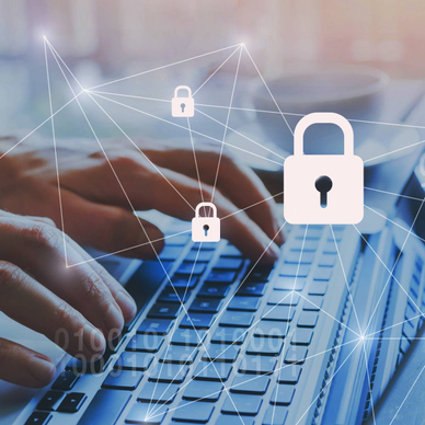 Someone typing on a laptop with graphics of lock symbols and binary code overlayed.