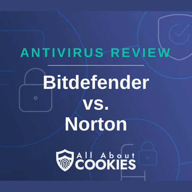 A blue background with images of locks and shields with the text &quot;Antivirus Review Bitdefender vs. Norton&quot; and the All About Cookies logo. 
