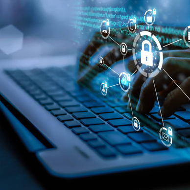 A person typing on a computer with abstract icons for security and other computer features above their hands.