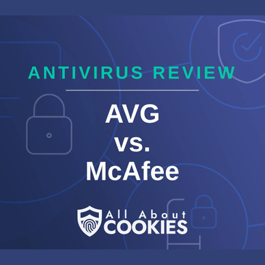A blue background with locks and the text AVG vs. McAfee antivirus review