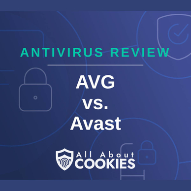 A blue background with images of locks and shields with the text &quot;AVG vs. Avast&quot; and the All About Cookies logo. 