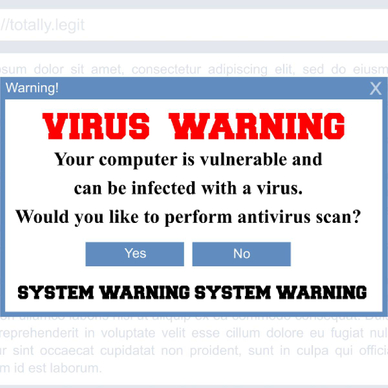 A malware pop-up ad of a fake virus warning urging users to conduct a scan