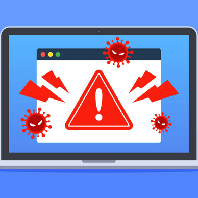 Web browser window with virus detection alert on laptop screen, concept of malware, ransomware, hacking, or cybercrime.