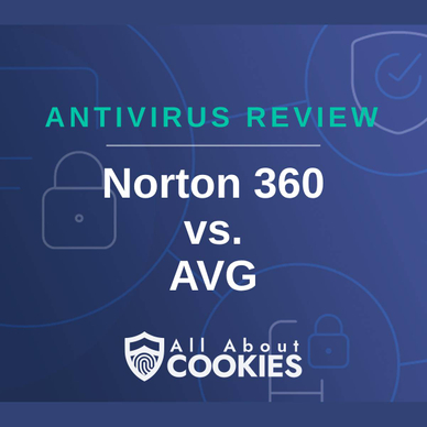 A blue background with images of locks and shields and the text &quot;Norton 360 vs.&quot; AVG.