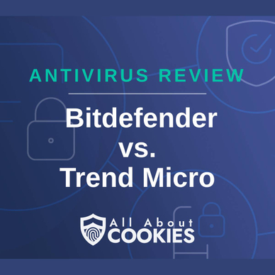 A blue background with images of locks and shields with the text &quot;Antivirus Review Bitdefender vs. Trend Micro&quot; and the All About Cookies logo. 