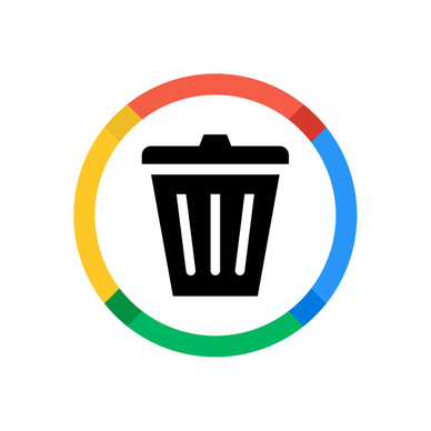 Concept of deleting Google with an illustration of a trash can surrounded by a circle of Google&#x27;s brand colors.