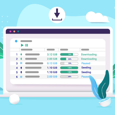Illustration of a torrent client on laptop computer downloading files from the internet.