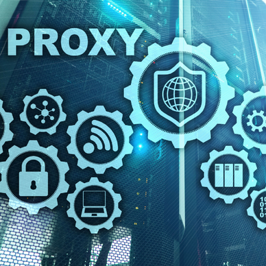Concept of proxy and network security on a blue virtual screen