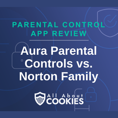 A blue background with images of locks and shields and the text &quot;Aura Parental Controls vs. Norton Family&quot;