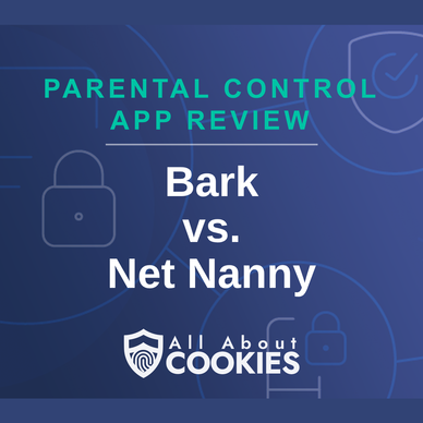 A blue background with images of locks and shields and the text &quot;Bark vs. Net Nanny&quot;