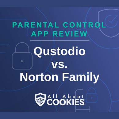 A blue background with images of locks and shields and the text &quot;Qustodio vs. Norton Family&quot;