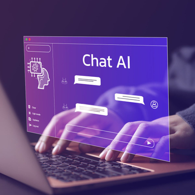 A person typing at a computer. A transposed image of the computer screen says Chat AI and shows a messaging screen.
